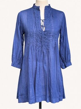 Matta NWT Cotton Tunic Blouse Blue Pintuck Tie Neck Boho Top XS